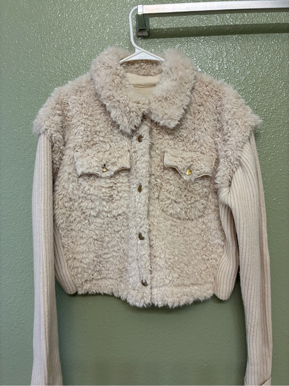 Faux Shearling Cream Teddy Jacket with Knit Sleeves